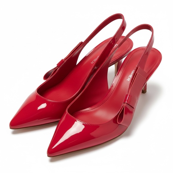 Marc Fisher Allon Shoes - Red Patent Slingback Pointed-Toe Heels with Bow Accent